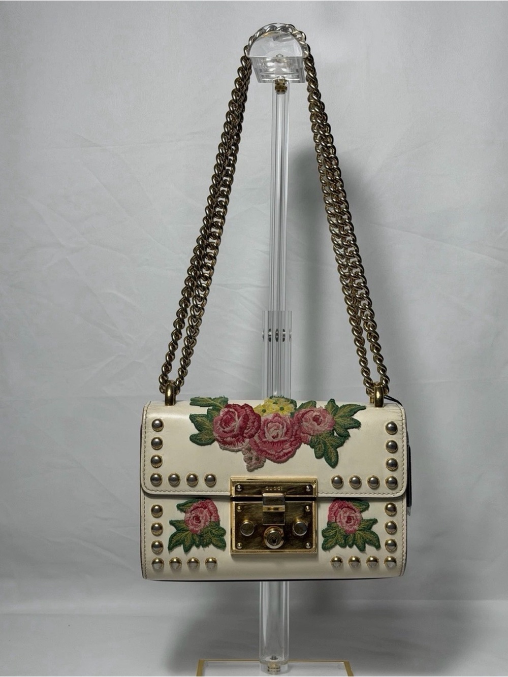 GUCCI - Embroidered Floral Studded Cream Shoulder Bag